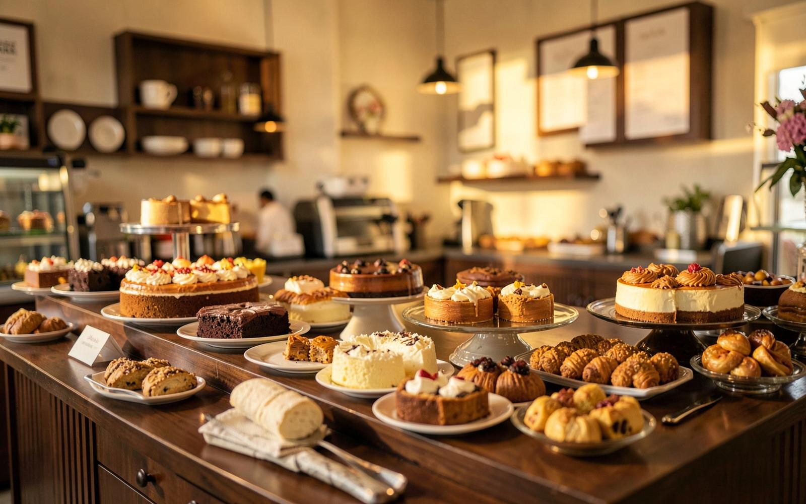 Bakery counter with cakes, pastries and Indian sweets at Kudrat Bakehouse in Brampton